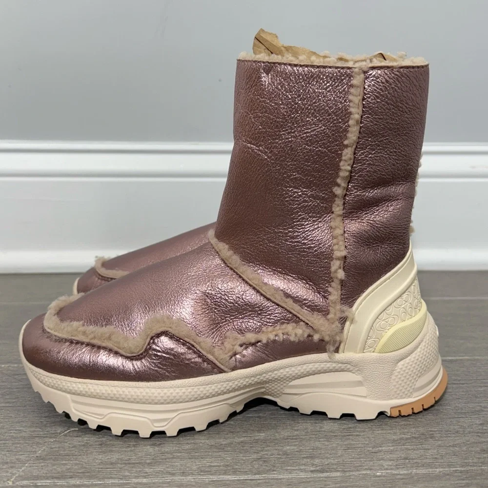 NEW Coach Portia Cold Weather Bootie Pink Metallic Rose Gold Shearling Boot 5
